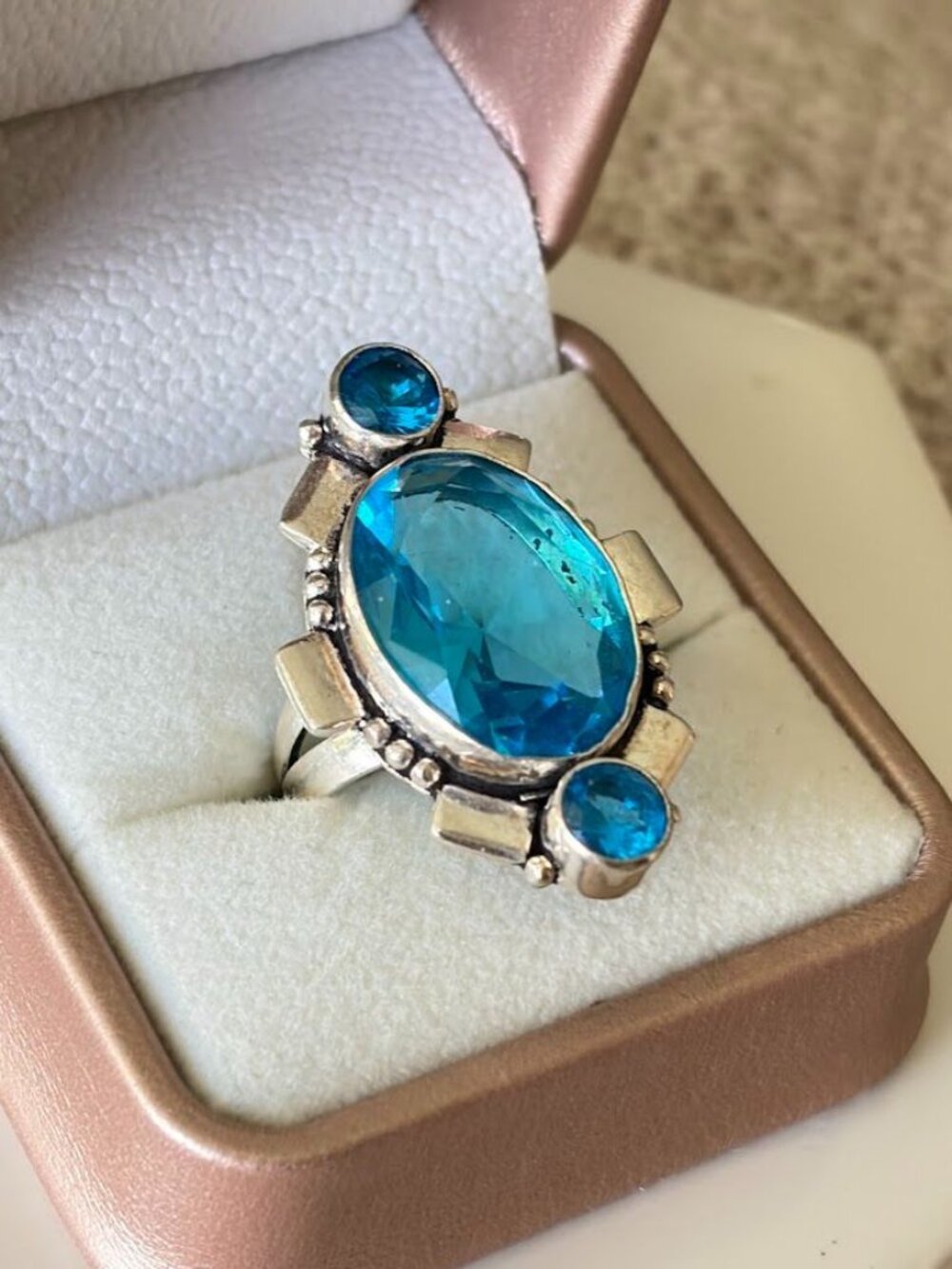 Simulated Blue Topaz Three Stone Statement Ring 925 Silver Plated - Size 8.5